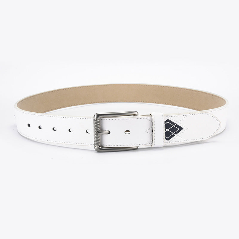 Men's Embroidered White Leather Belt with Pin Buckle