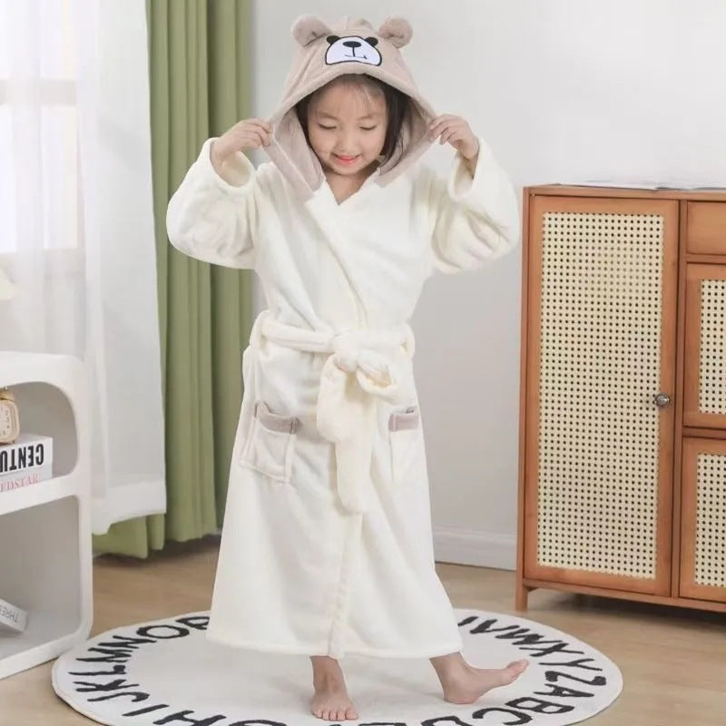 Thickened Coral Fleece Bear Hooded Children's Bathrobe Cape
