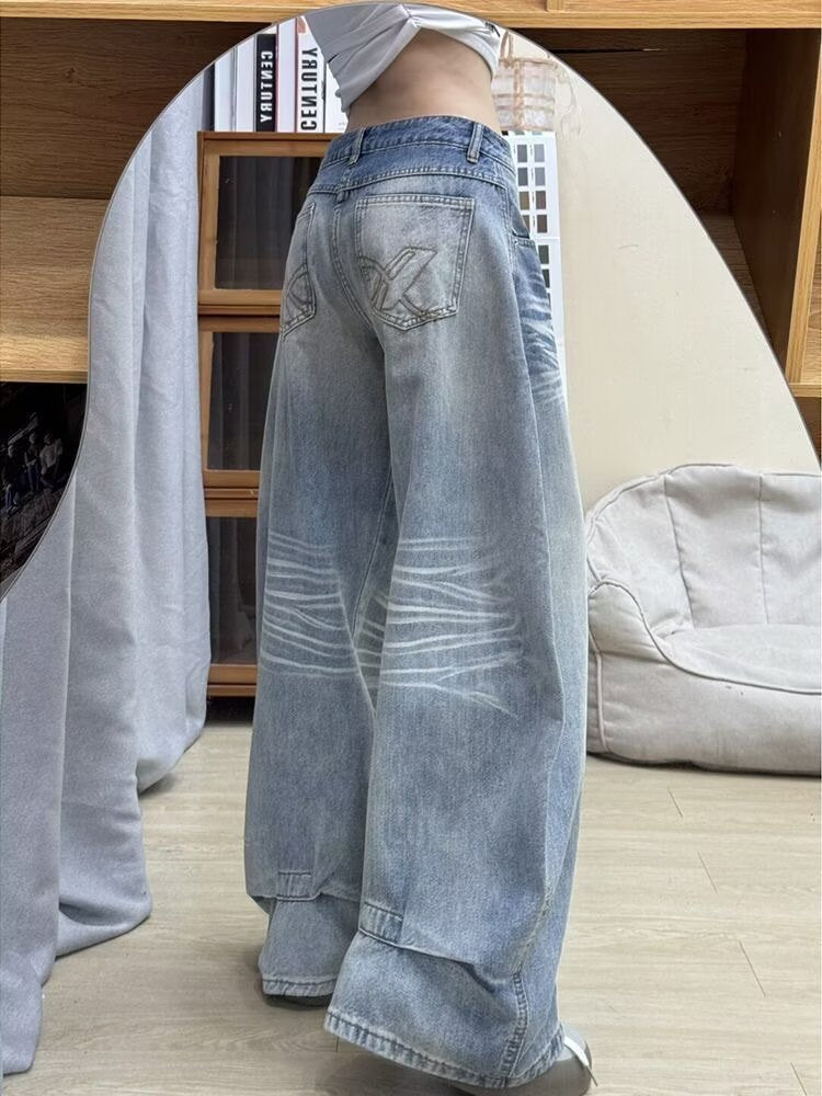 Retro Distressed Wide-Leg Denim Jeans for Women