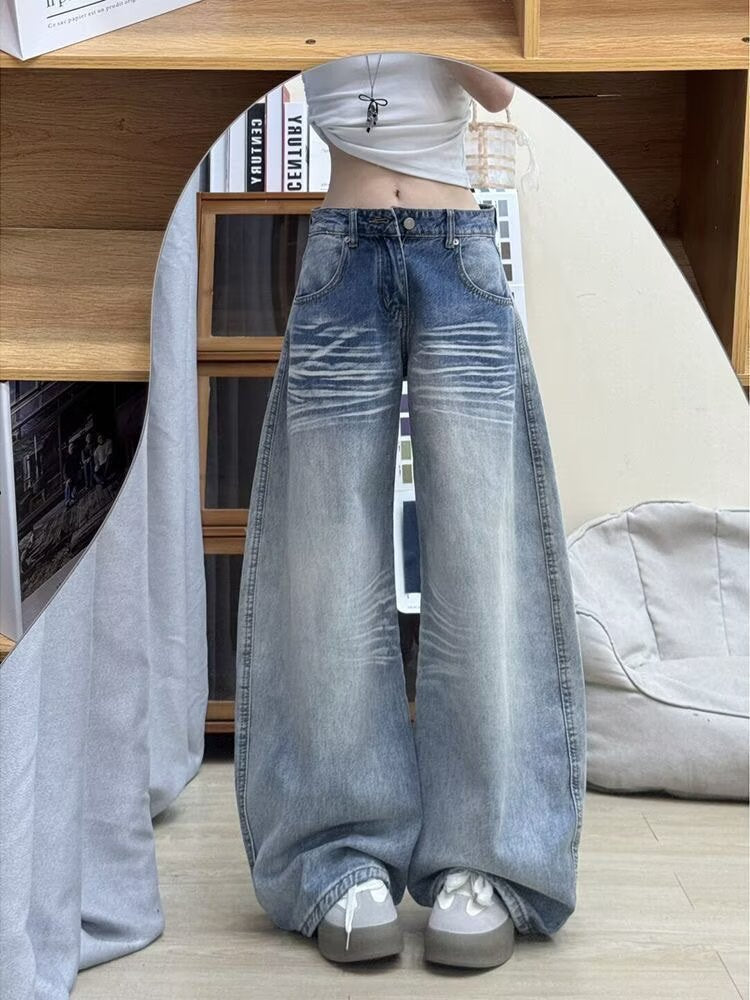 Retro Distressed Wide-Leg Denim Jeans for Women