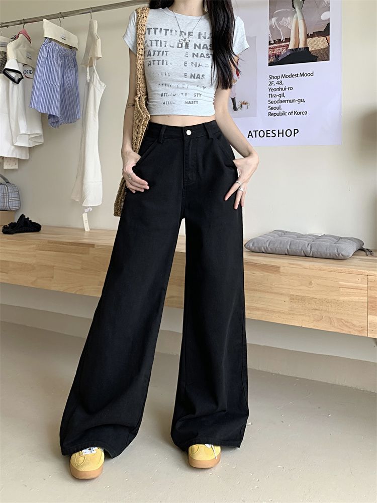 Women's Black High-Waist Wide-Leg Straight Denim Jeans