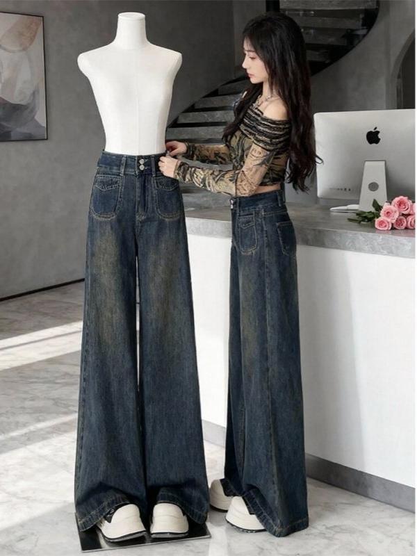 Women's Cement Gray High-Waist Wide-Leg Denim Jeans