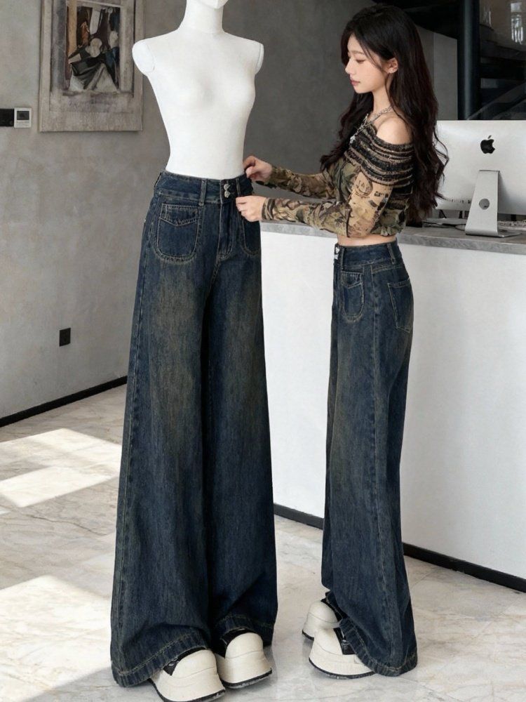 Women's Cement Gray High-Waist Wide-Leg Denim Jeans