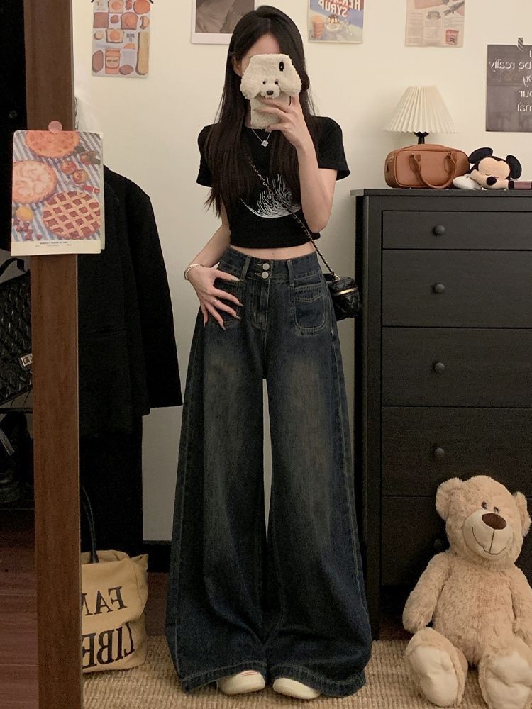 Women's Cement Gray High-Waist Wide-Leg Retro Denim Jeans