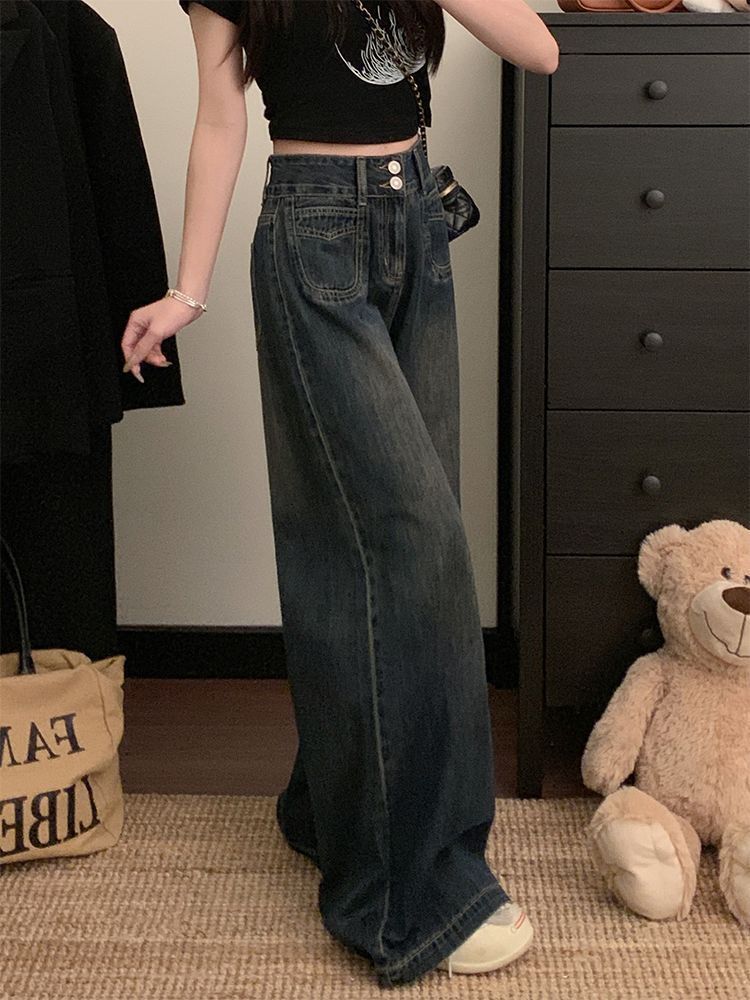 Women's Cement Gray High-Waist Wide-Leg Retro Denim Jeans