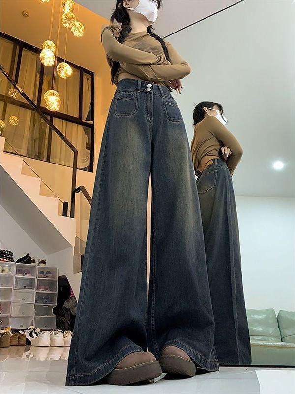 Women's High-Waist Wide-Leg Retro Denim Jeans in Cement Gray