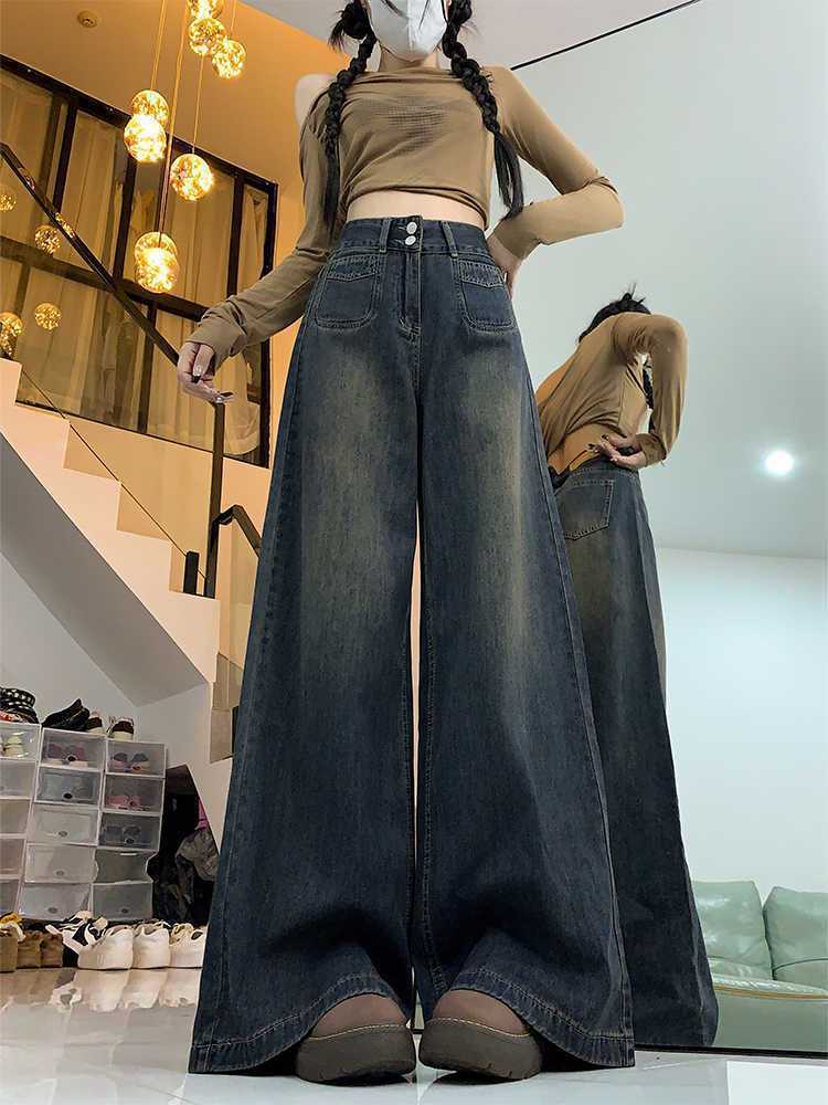 Women's High-Waist Wide-Leg Retro Denim Jeans in Cement Gray