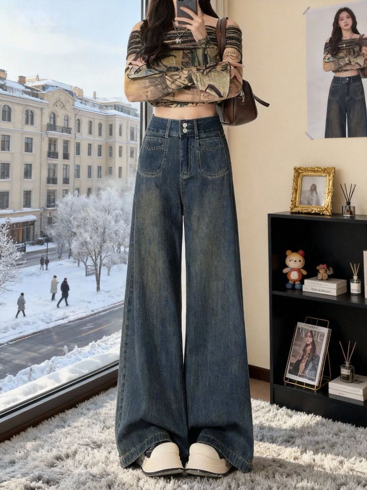 Women's High-Waist Wide-Leg Straight Denim Jeans