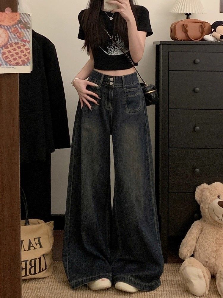 Women's Cement Gray Double-Button Wide-Leg Denim Jeans