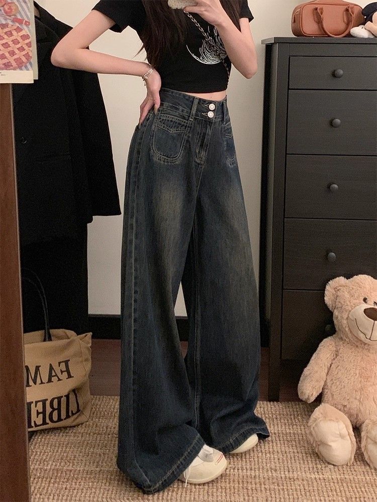Women's Cement Gray Double-Button Wide-Leg Denim Jeans