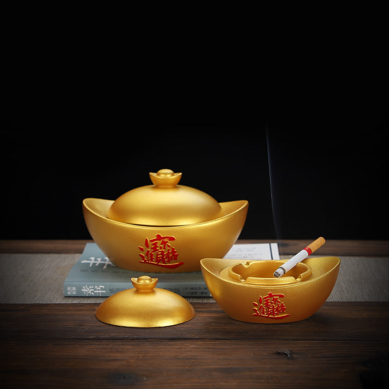 Gold Ingot Resin Ashtray with Lid, Anti-Fly Ash