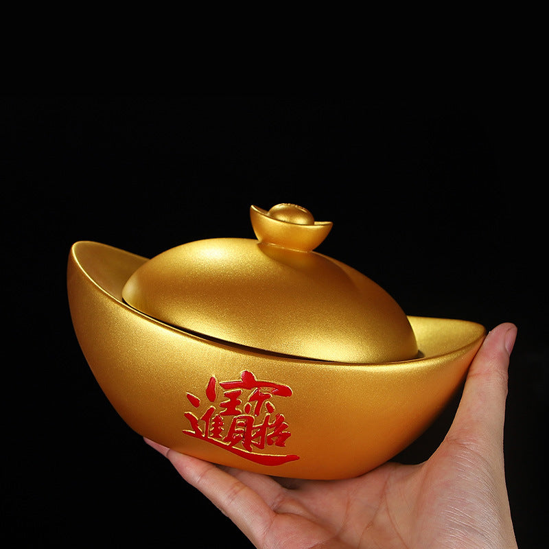 Gold Ingot Resin Ashtray with Lid, Anti-Fly Ash
