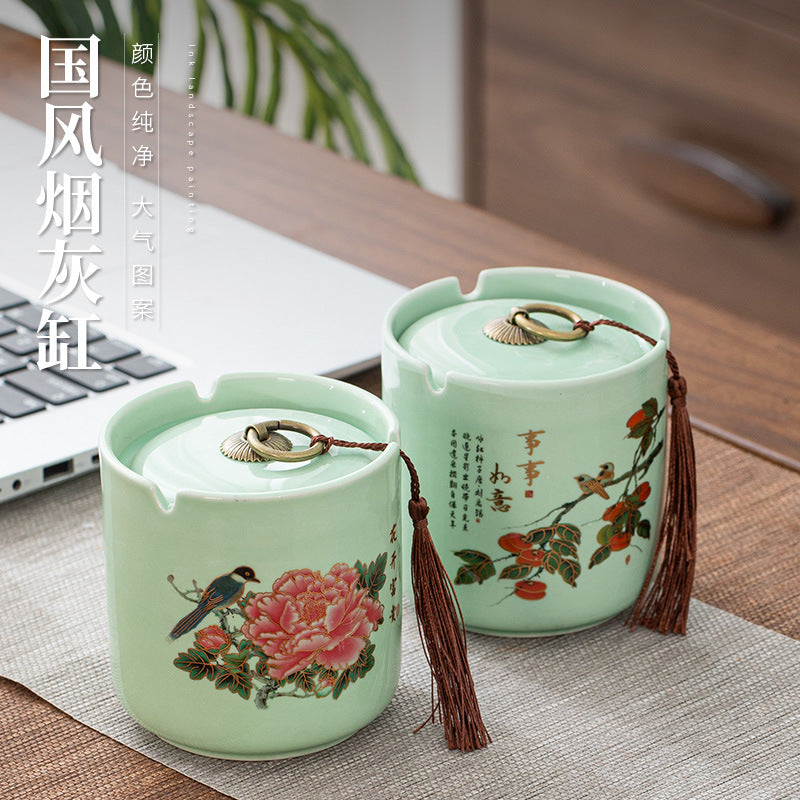 Ceramic Straight Ashtray with Copper Tassel Cover Option