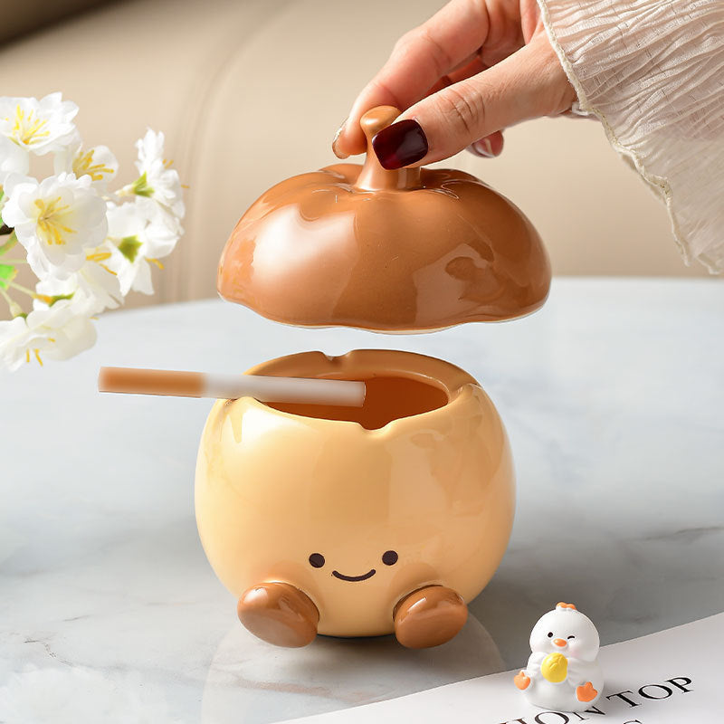 Cute Ceramic Cat and Chestnut Ashtray with Cover
