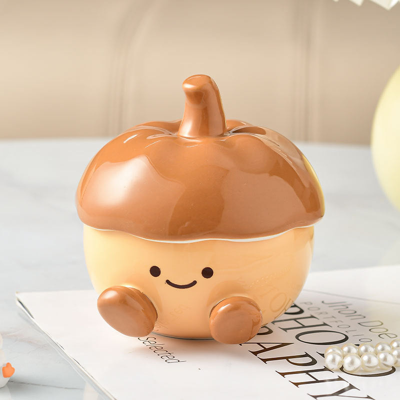 Cute Ceramic Cat and Chestnut Ashtray with Cover