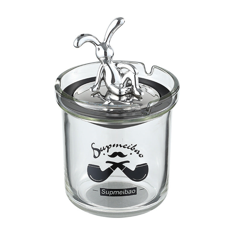 Thickened Glass Windproof Ashtray with Cartoon Lid Decor