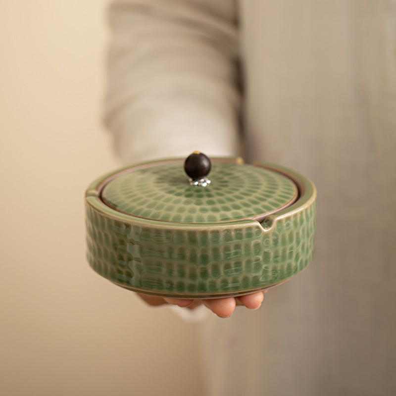 Large Ceramic Ashtray with Lid, Chinese Style Design