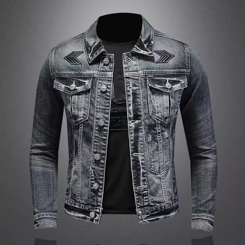 Men's Slim-Fit Vintage Denim Jacket with Zipper Closure