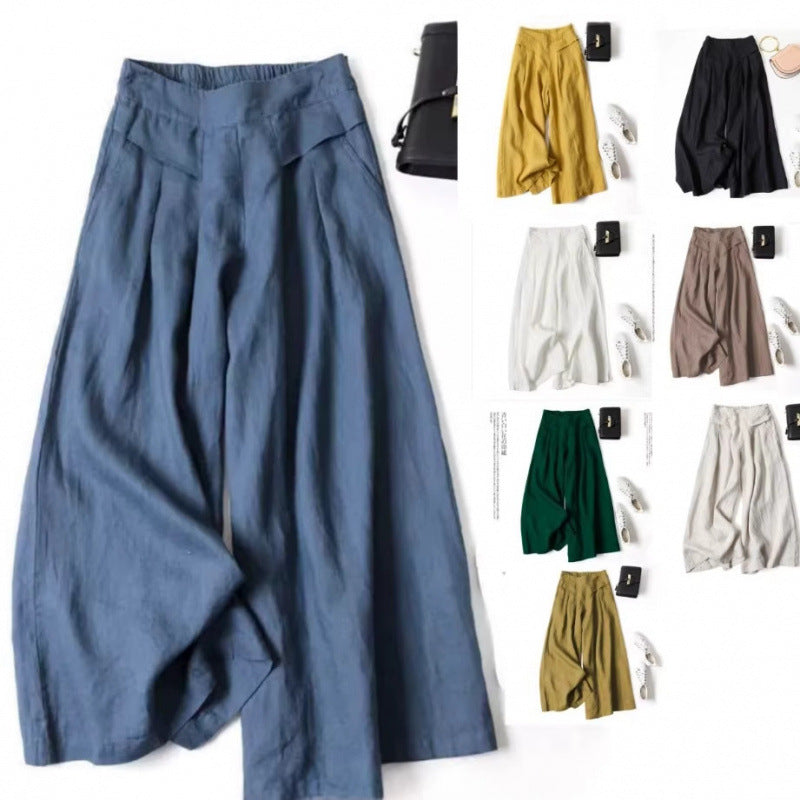 Women's Cotton Linen Wide-Leg Pants with High Waist