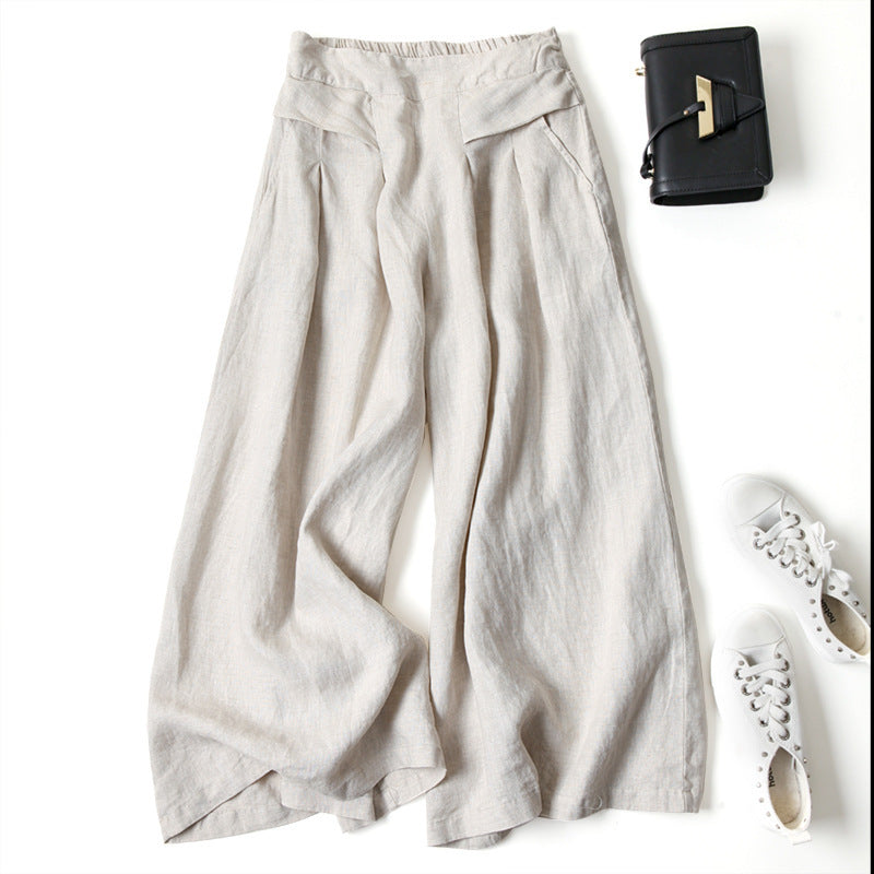 Women's Cotton Linen Wide-Leg Pants with High Waist