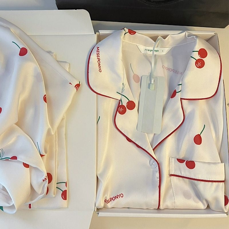 Women's Cherry Print Satin-Feel Pajama Set with Loose Fit