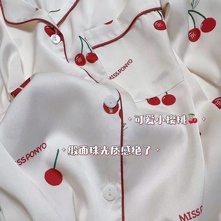 Women's Cherry Print Satin-Feel Pajama Set with Loose Fit