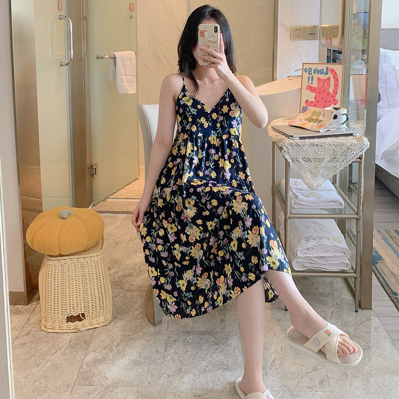 Women's Cotton-Silk Floral Slip Nightdress with Relaxed Fit