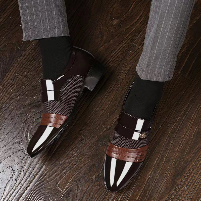 Men's Glossy Leather Business Shoes with Metal Detail Large Size