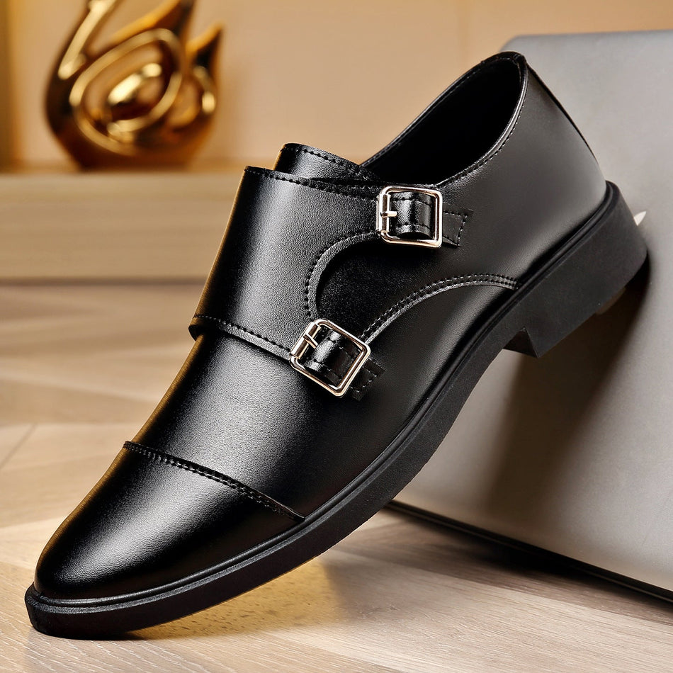 Men's Soft Leather Business Shoes with Elastic Buckle Design