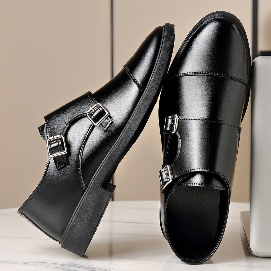 Men's Soft Leather Business Shoes with Elastic Buckle Design