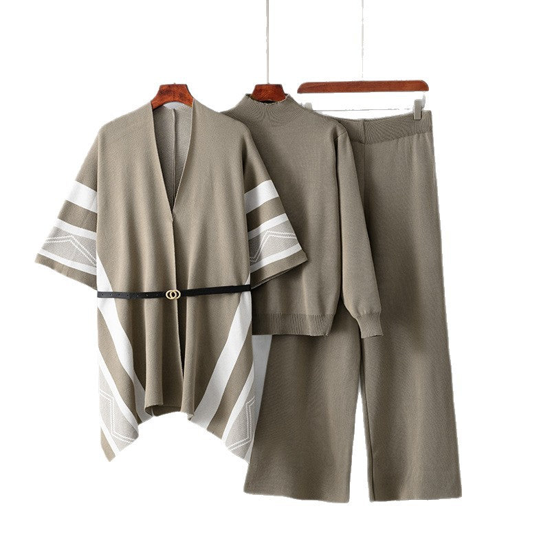 Women’s Jacquard Knit Three-Piece Set with Wide-Leg Pants