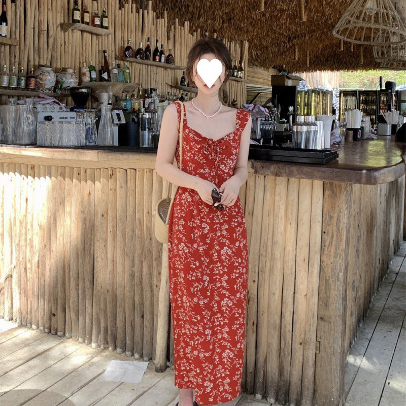 Women’s Red Floral Spaghetti Strap Maxi Dress, Summer Style