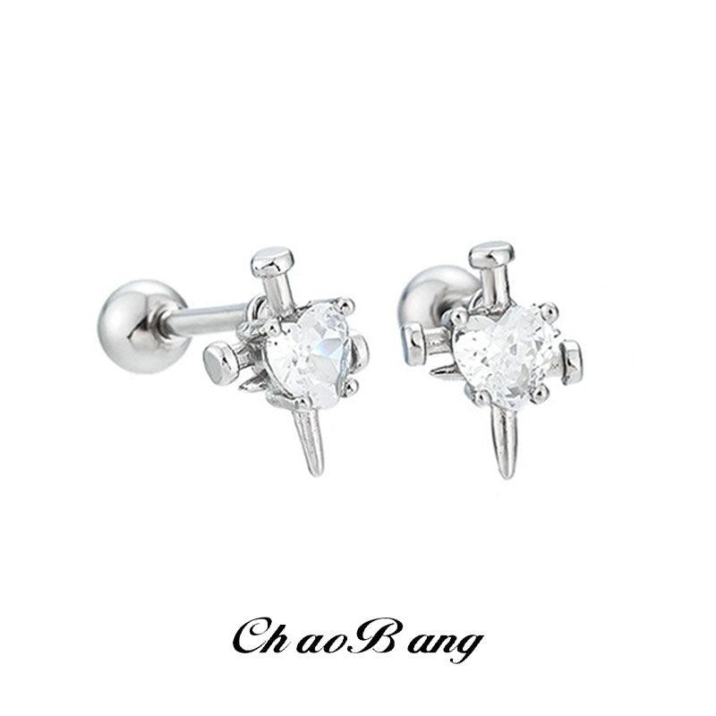 Men's Heart-Shaped Zircon Titanium Steel Screw Earrings
