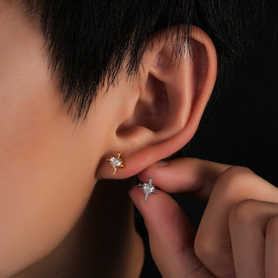 Men's Heart-Shaped Zircon Titanium Steel Screw Earrings