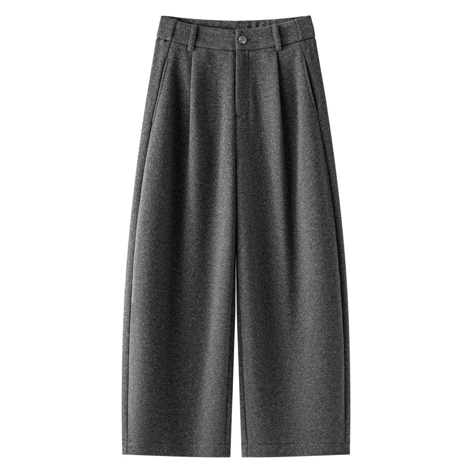 Women’s Gray Wool-Blend Wide-Leg Harem Pants, High-Waist