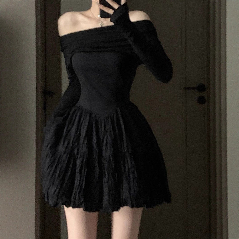 Women’s Black One-Shoulder Bodycon Dress with Flared Skirt