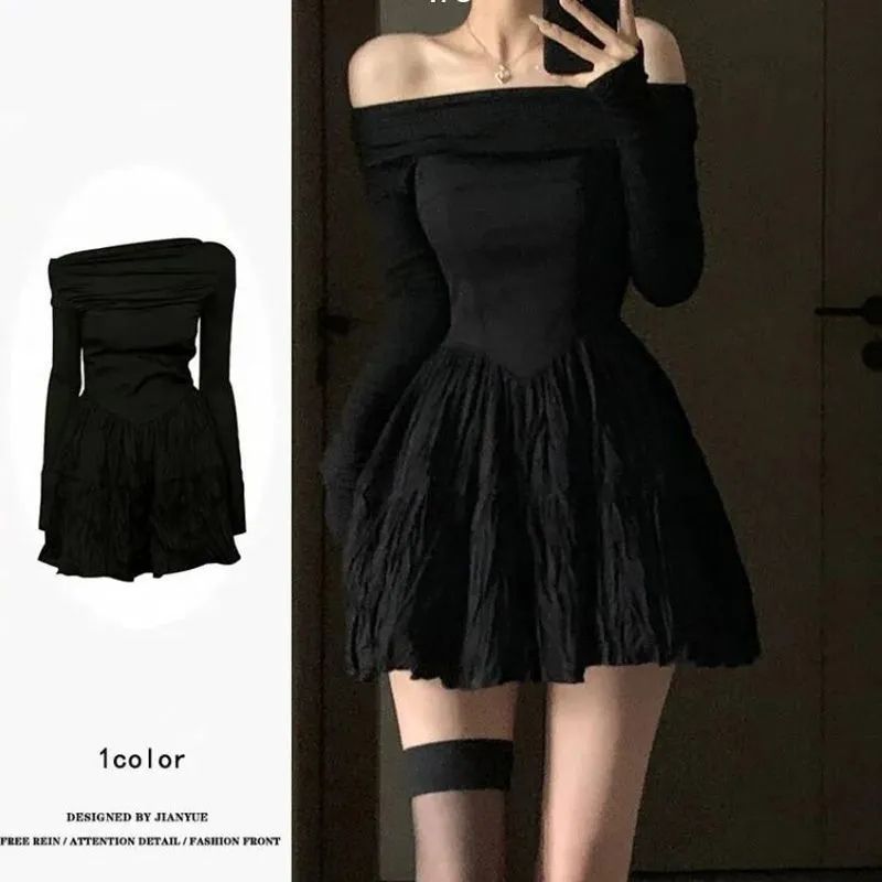 Women’s Black One-Shoulder Bodycon Dress with Flared Skirt