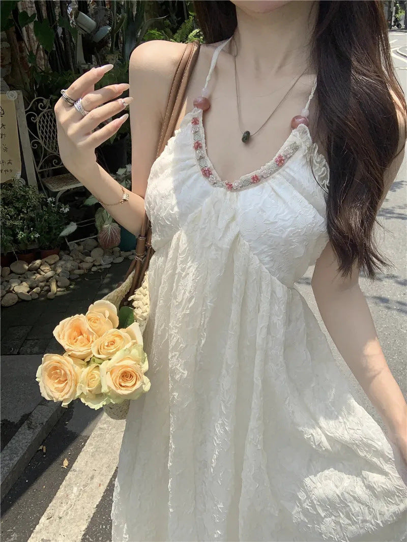Women’s Printed Chiffon Halter Maxi Dress, Backless Seaside Style