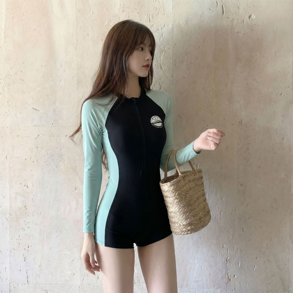 Women’s Contrast Long-Sleeve One-Piece Swimsuit, High-Elastic Fit