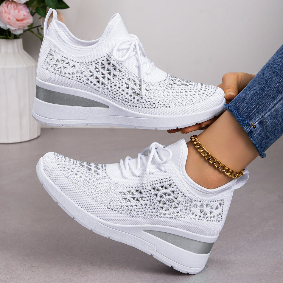 Women’s Rhinestone Lace-Up Platform Sneakers, Comfortable Daily