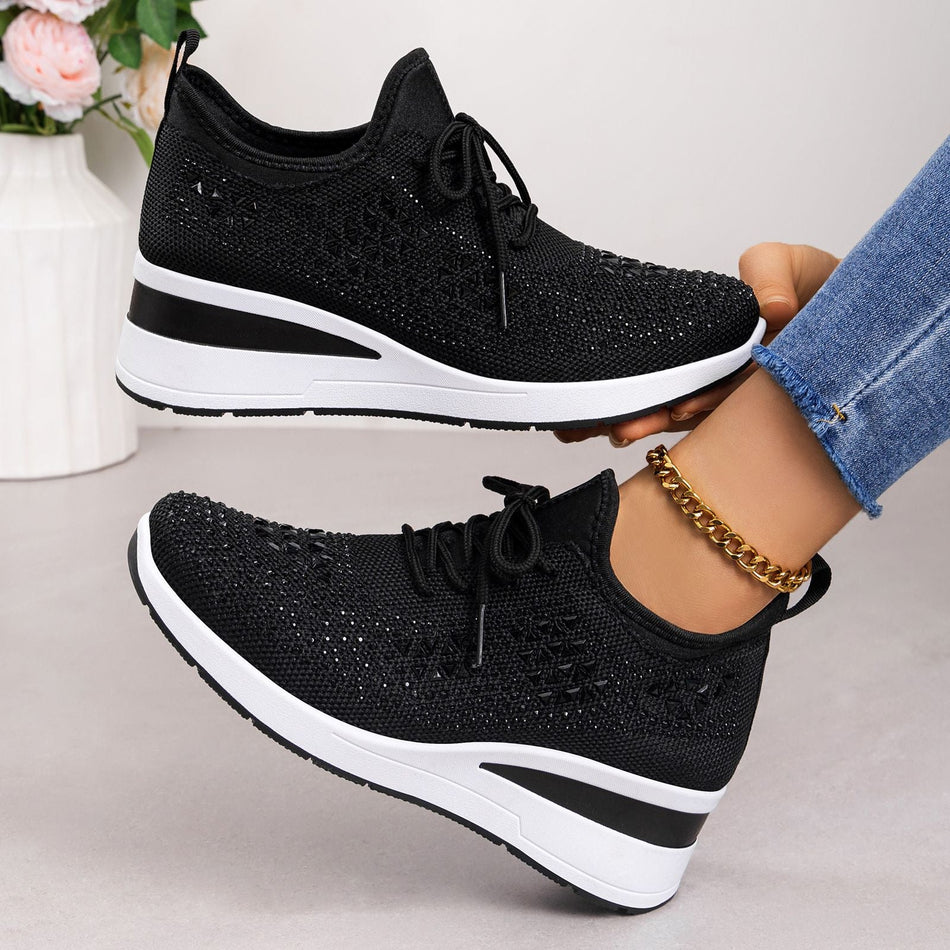 Women’s Rhinestone Lace-Up Platform Sneakers, Comfortable Daily