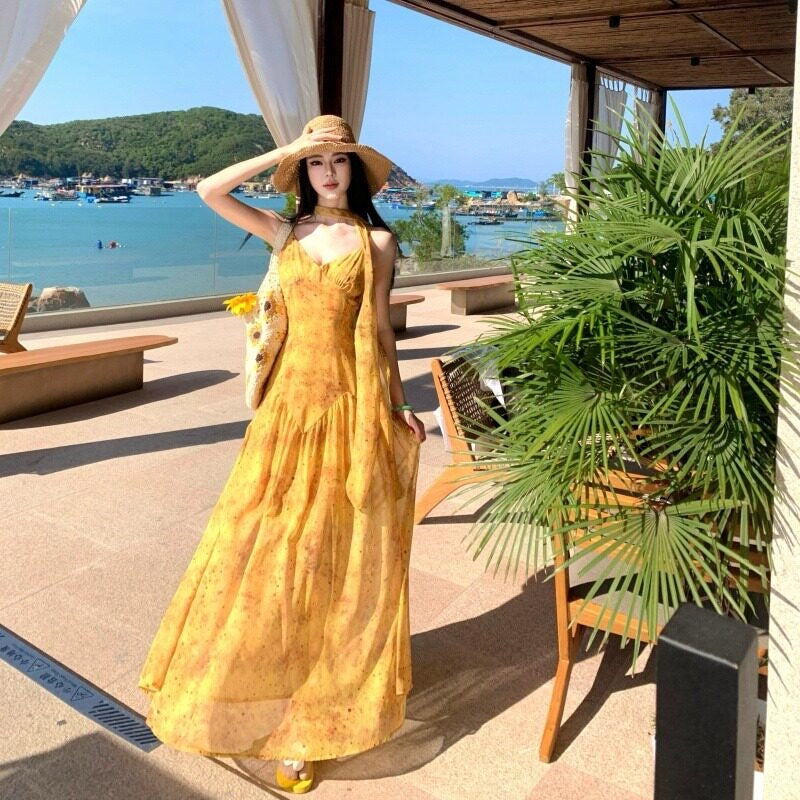 Yellow Floral Gradient Mesh Maxi Dress with Ribbon V-Neck