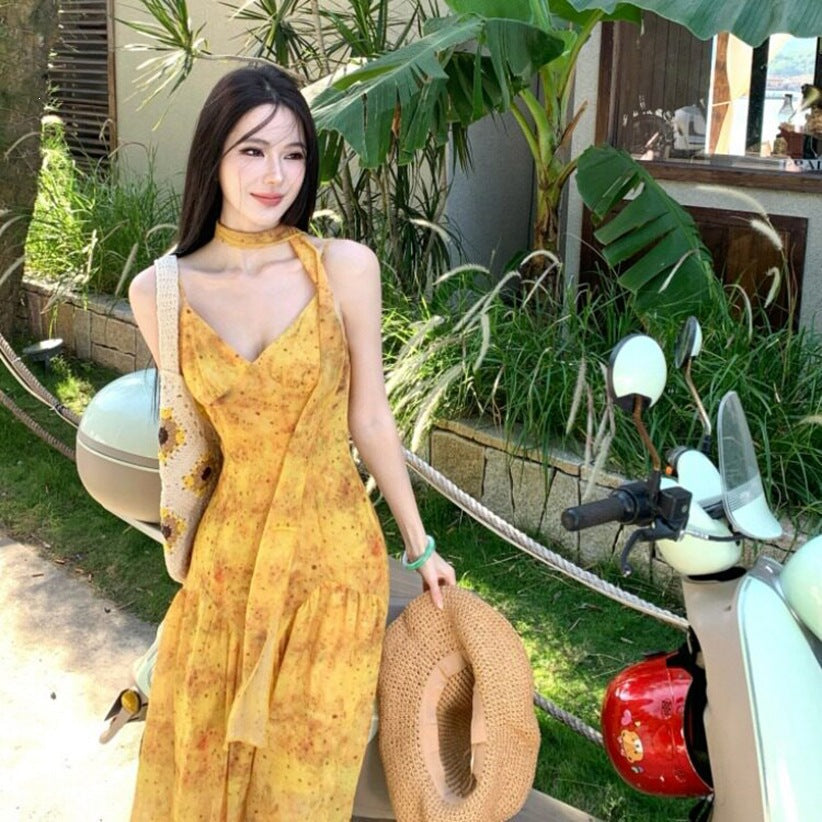 Yellow Floral Gradient Mesh Maxi Dress with Ribbon V-Neck
