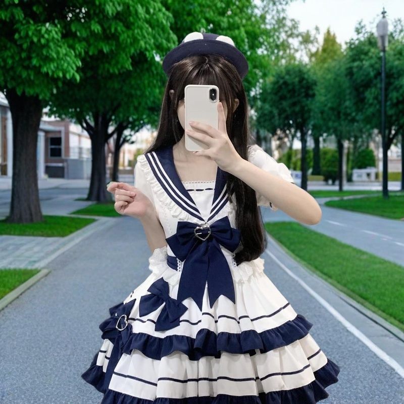 Sailor Collar Ruffle A-Line Dress with Bow Detail