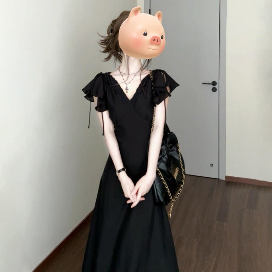 Black V-Neck Maxi Dress with Princess Silhouette Detail