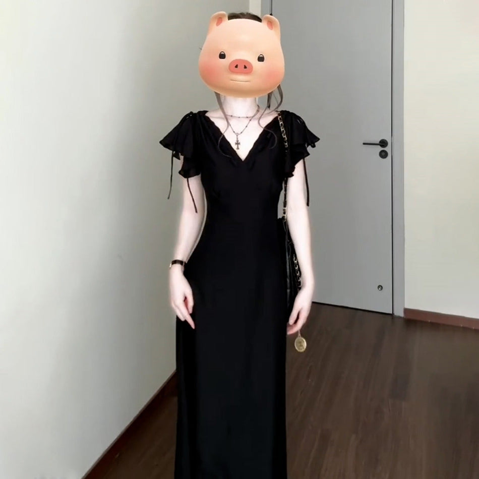Black V-Neck Maxi Dress with Princess Silhouette Detail