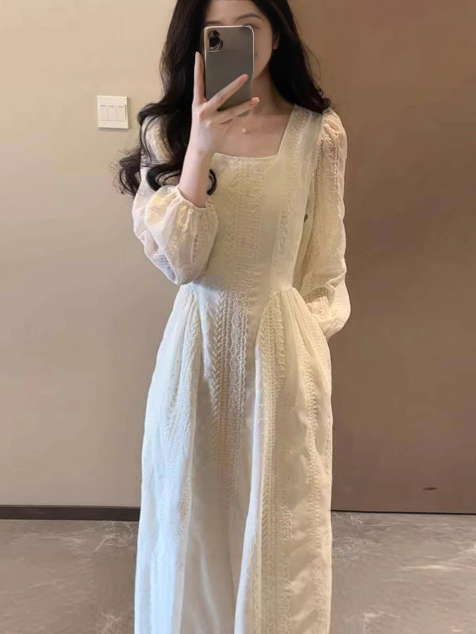 Apricot Lace Embroidered Maxi Dress with Waist-Cinching Fit