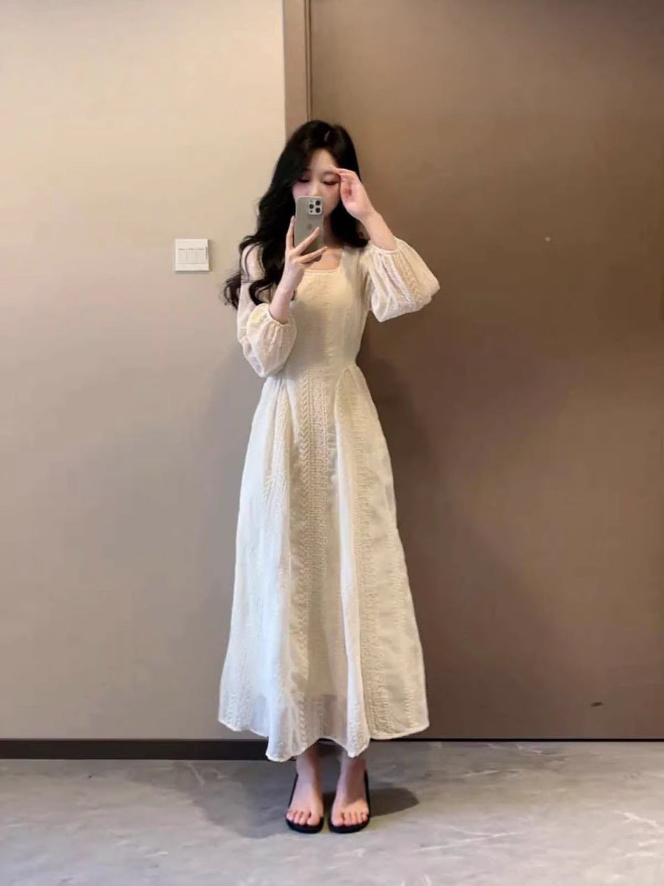 Apricot Lace Embroidered Maxi Dress with Waist-Cinching Fit