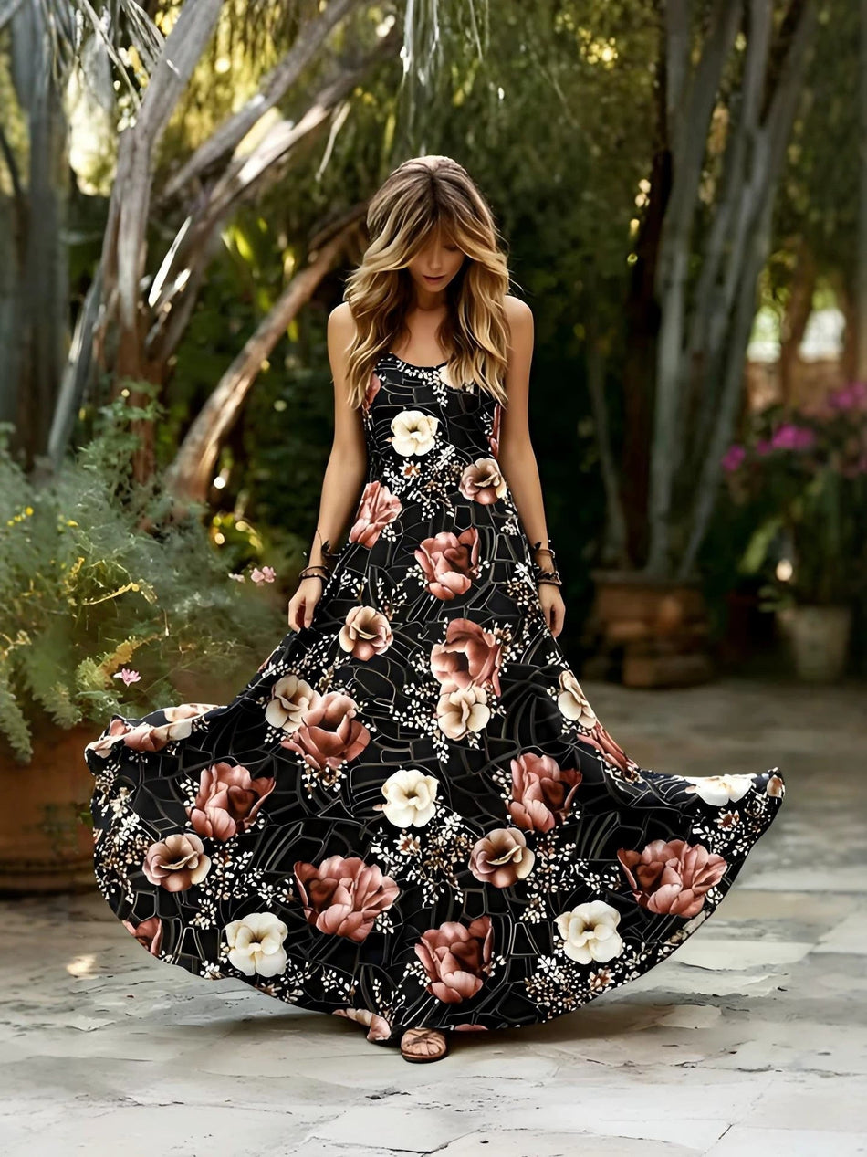 Floral Print Sleeveless A-Line Maxi Dress with Round Neck