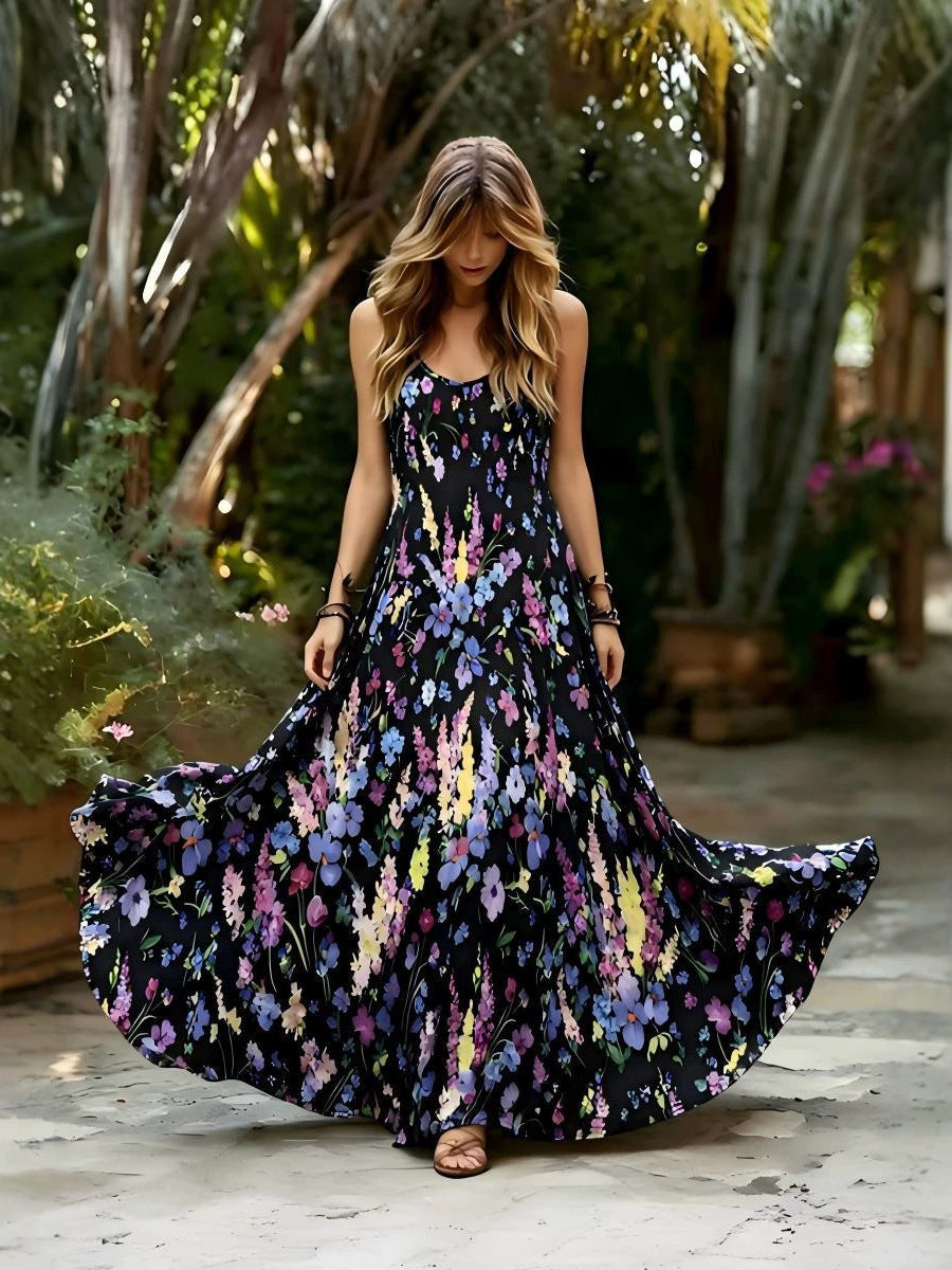 Floral Print Sleeveless A-Line Maxi Dress with Round Neck